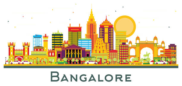 ilustrações, clipart, desenhos animados e ícones de horizonte da cidade de bangalore india com edifícios coloridos isolados em branco. - bangalore karnataka india famous place