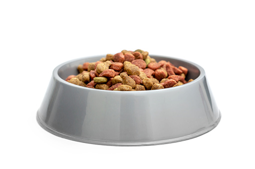 Plastic animal bowl with dry feed. Isolated on white.