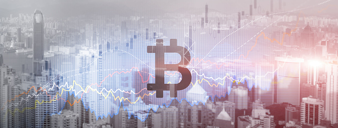 Bitcoin. Crypto currency market on modern city background.