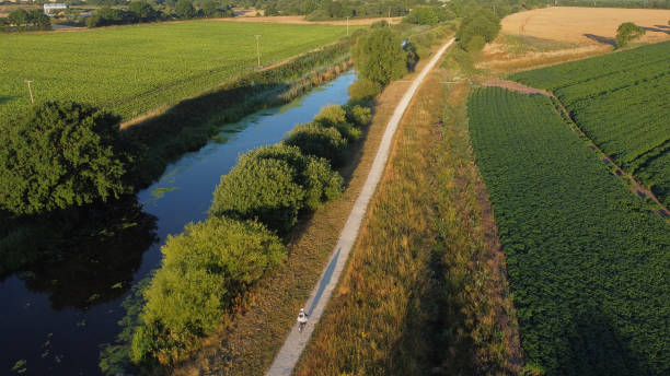 istock Lone cyclist riding along canal towpath with low sun casting long shadow, Selby, North Yorkshire, England, Britain 1410400604