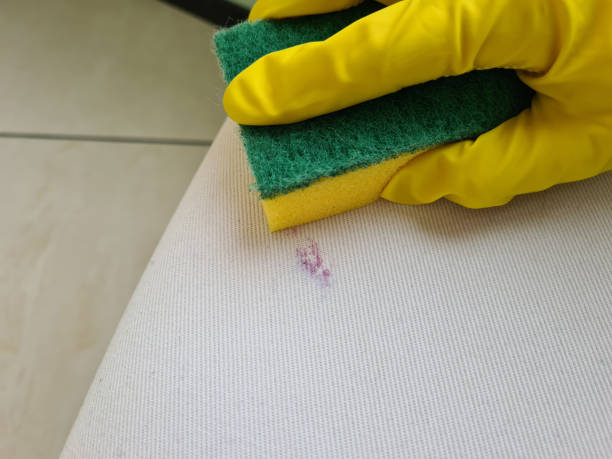 istock Cream fabric cleaning with washcloth cleaning sofa fabric 1410402243