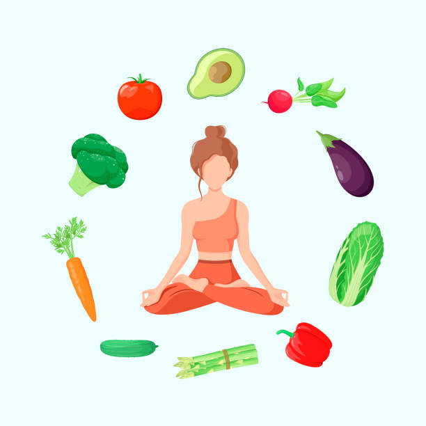 istock A woman in the lotus position with vegetables 1410402336