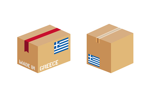 Cardboard packaging with Greece flag icons, made in Greece box