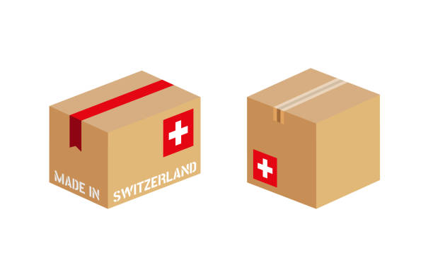 istock box with Switzerland flag icon set, cardboard delivery package Swiss made 1410402410