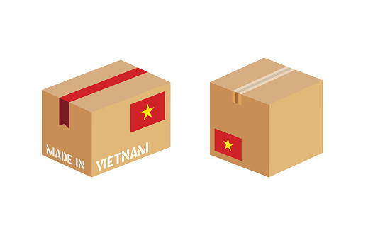 Cardboard packaging with Vietnam flag icons, made in Vietnam box