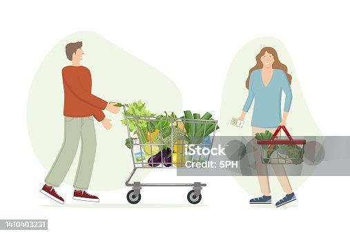 istock Young man and woman shoppers with shopping cart and basket with organic farm products, vegetables and fruits in grocery store. Healthy food products with character, vector illustration 1410403231