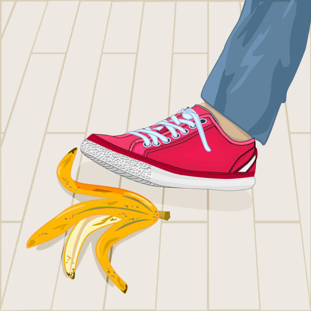 Foot in shoe step on banana peel. Leg stepping on dangerous slippery yellow fruit skin lying on sidewalk. vector art illustration