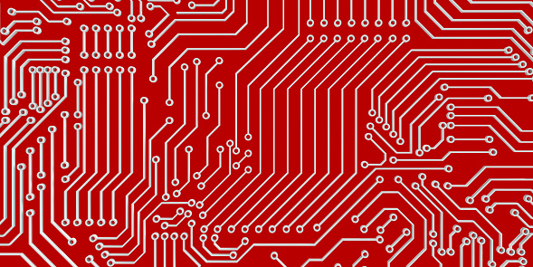 3d render digital cyber pattern concept: High angle view on futuristic glowing particles on circuit board. Tech innovation template with many lines and nodes. Technology background with copy space. Sci-fi forms on electrical circuit or microcircuit