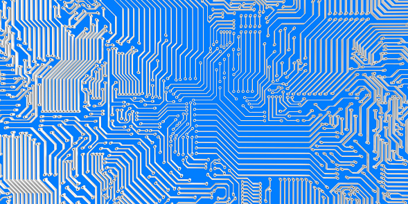 3d render digital cyber pattern concept: High angle view on futuristic glowing particles on circuit board. Tech innovation template with many lines and nodes. Technology background with copy space. Sci-fi forms on electrical circuit or microcircuit