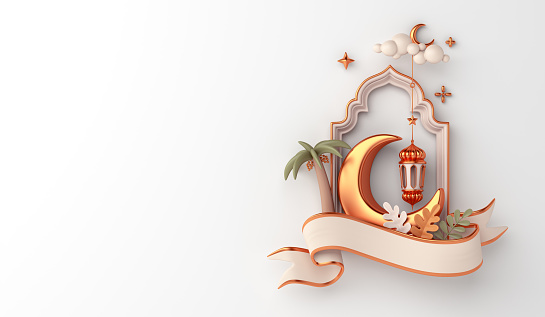 Islamic decoration background with mosque window waving ribbon lantern crescent, ramadan kareem, mawlid, iftar, isra  miraj, eid al fitr adha, muharram, copy space text, 3D illustration.