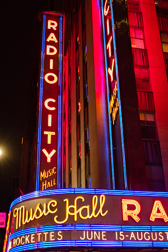 New York, NY - June 20 2022:  Radio City Music Hall exterior at night