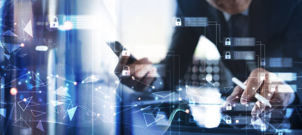 istock Blockchain technology, business intelligence concept. Businessman working on digital tablet with diagram of chain and encrypted blocks on virtual screen 1410408235
