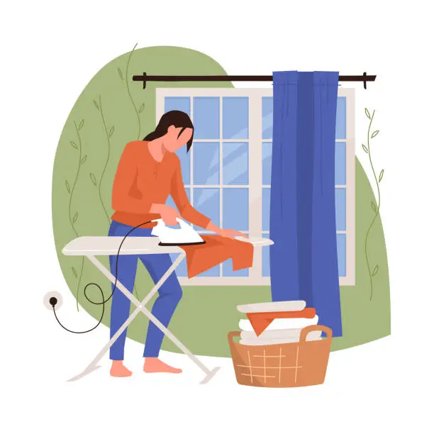 Vector illustration of Household chores. The girl is doing household chores. Ironing clothes on an ironing board. Housewife woman.