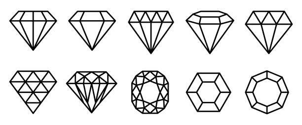 ilustraciones, imágenes clip art, dibujos animados e iconos de stock de conjunto de icono de contorno de diamante o gemas de diamante símbolos de cristal o joyas de piedra preciosa aisladas. vector eps - diamond jewelry gem diamond shaped