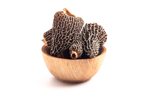 Wild Harvested Morel Mushrooms Trimmed and Dried Isolated on a White Background
