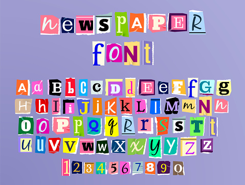 Vector illustration of colorful alphabet with lowercase and uppercase letters and numbers made in newspaper style isolated on purple background
