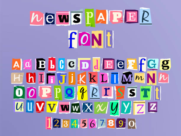 Colorful letters of font in newspaper style Vector illustration of colorful alphabet with lowercase and uppercase letters and numbers made in newspaper style isolated on purple background letter document stock illustrations