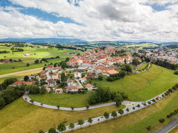 aerial image of old swiss town romont - fribourg canton imagens e fotografias de stock