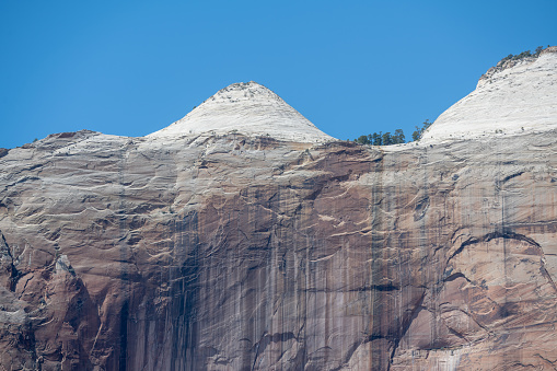 Close up of the steep mountains walls inside the canyons of the Zion National Park in Utah, United States.
