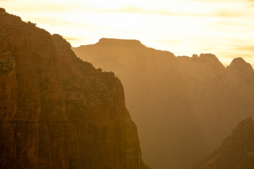 Breathtaking sunrise panorama of the Towers of the Virgin in Zion Canyon National Park, Utah.