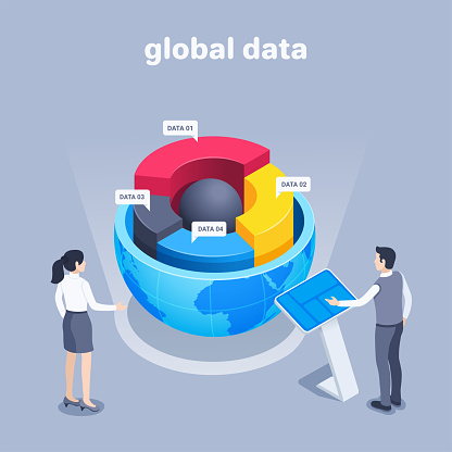 isometric vector illustration on a gray background, a circle chart in half of the globe and people in business clothes manage data through a touch station, global data or statistics processing