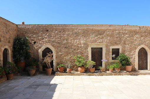 Mediterranean courtyard of an old monastery in Crete