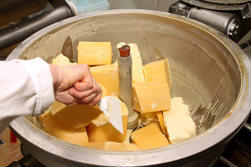 Mixing mass for the production of processed cheese. Cheese production. Technology