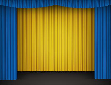 Blue and yellow velvet curtains on theater stage. Vector realistic background with silk curtains with drapery in drama theatre, cinema, comedy show, circus or performance podium