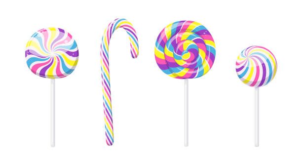 illustrazioni stock, clip art, cartoni animati e icone di tendenza di lecca-lecca colorato, canna da zucchero e caramello su bastone - peppermint candy stick striped