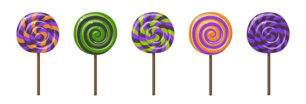 illustrations, cliparts, dessins animés et icônes de , bonbons à sucre dur torsadés sur bâton de bois. jeu de dessins animés vectoriels de ventouses au caramel avec des motifs tourbillonnants - stick of hard candy candy striped toughness