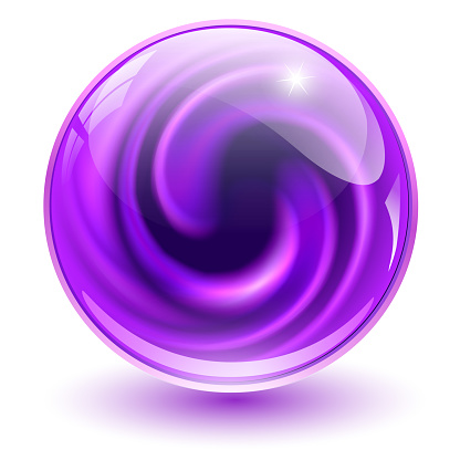 3D crystal sphere, purple glass ball with abstract spiral marble shape inside, vector illustration.