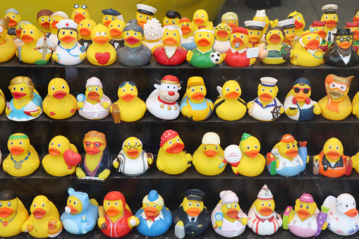 Amsterdam, Netherlands - June 23, 2022: Amsterdam duck store. Variety of funny rubber ducks such as as a souvenir in Amsterdam.