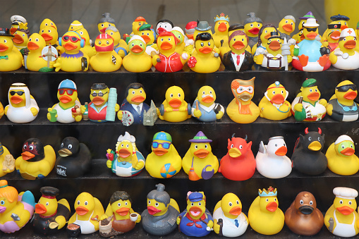 Amsterdam, Netherlands - June 23, 2022: Amsterdam duck store. Variety of funny rubber ducks such as as a souvenir in Amsterdam.