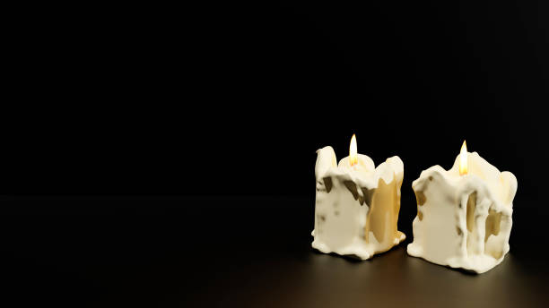 3D render of white burning candles on a black background. Empty space for text. Background for Christmas and Halloween designs. Old candles burn on a light background. Day of Remembrance of the Dead.