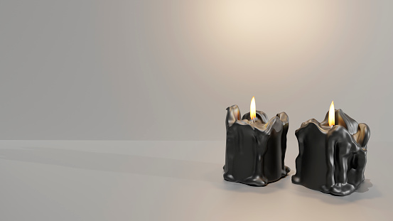 3D render of black burning candles on a white background. Empty space for text. Background for Christmas and Halloween designs. Old candles burn on a light background. Day of Remembrance of the Dead.