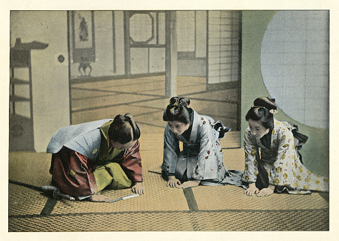 Vintage illustration of after a photograph, Japanese man, Samurai, courtesy, women kneeling, History Japan 1890s, 19th Century