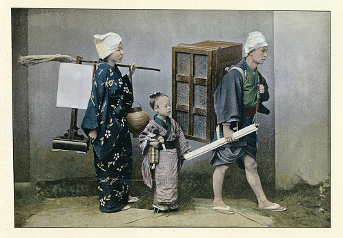 Vintage illustration of after a photograph, Japanese family moving home, carrying possessions, Chilld holding doll, History Japan 1890s, 19th Century