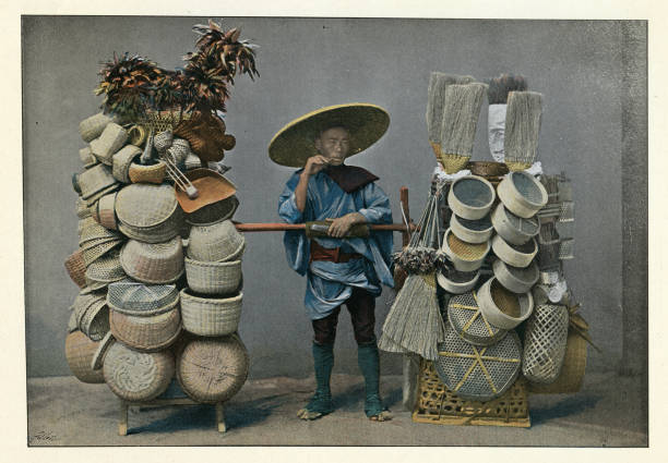 Vintage illustration of after a photograph, Japanese basket maker with his goods, History Japan 1890s, 19th Century