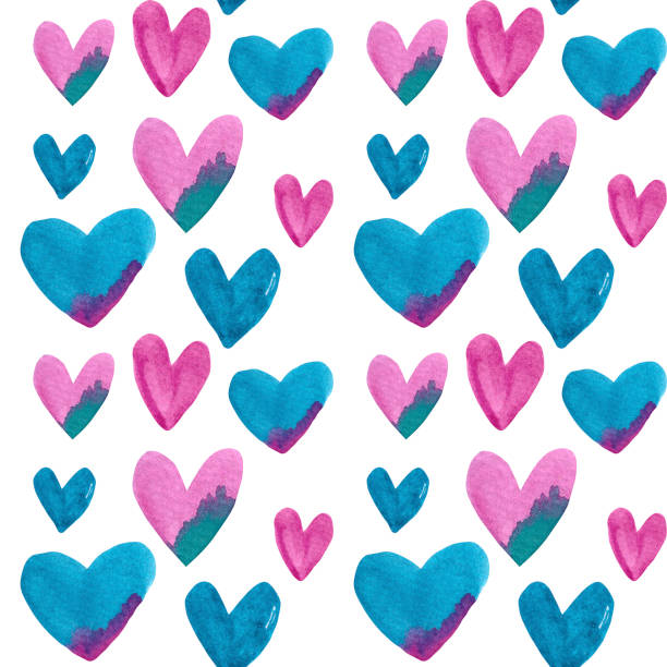 istock Blue and pink watercolor seamless pattern with hearts 1410430560