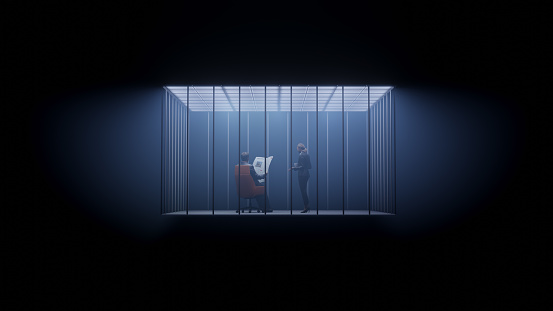 Businessman and woman in prison office cage concept.