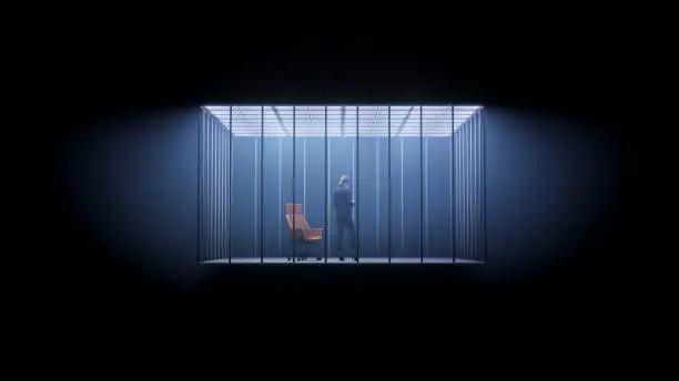 Photo of Businesswoman in prison office cage with chair concept. 3d rendering