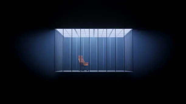 Photo of Prison office cage with chair concept under isolate into dark room. 3d rendering
