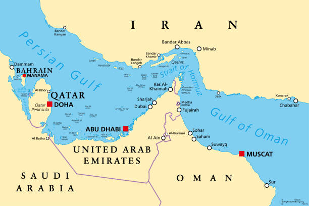 Strait of Hormuz, waterway between Persian Gulf and Gulf of Oman, map Strait of Hormuz, political map. Waterway between Persian Gulf and Gulf of Oman, a strategically extremely important choke point, with Iran to the north and UAE and Oman exclave Musandam to the south. arabian peninsula stock illustrations