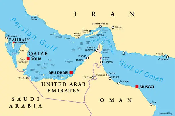 Vector illustration of Strait of Hormuz, waterway between Persian Gulf and Gulf of Oman, map