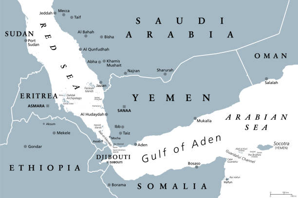 Gulf of Aden area, connecting Red Sea and Arabian Sea, gray political map Gulf of Aden area, gray political map. Deepwater gulf between Yemen, Djibouti, the Guardafui Channel, Socotra and Somalia, connecting the Arabian Sea through the Bab-el-Mandeb strait with the Red Sea. persian gulf countries stock illustrations