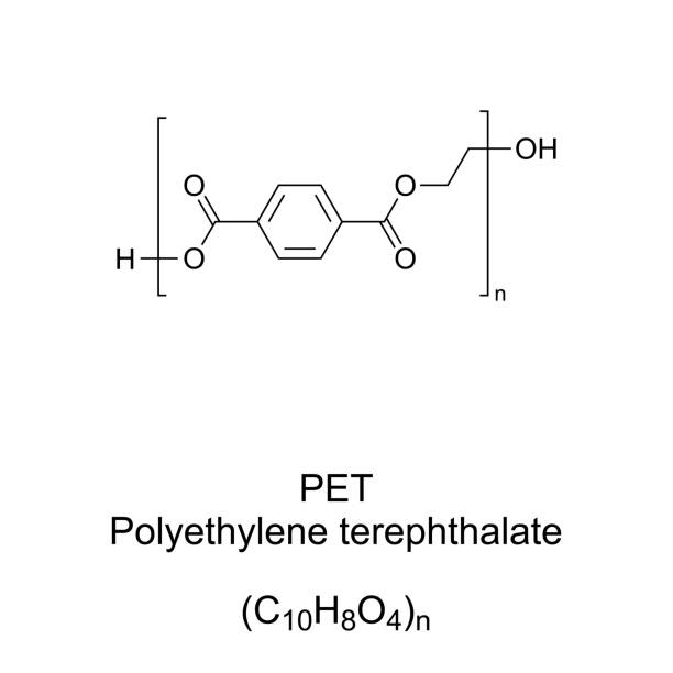 PET, Polyethylene terephthalate, chemical formula and structure PET, Polyethylene terephthalate, chemical formula and structure. The most common thermoplastic polymer resin of the polyester family,  used in fibres for clothing and containers for liquids and foods. polyethylene molecular structure stock illustrations