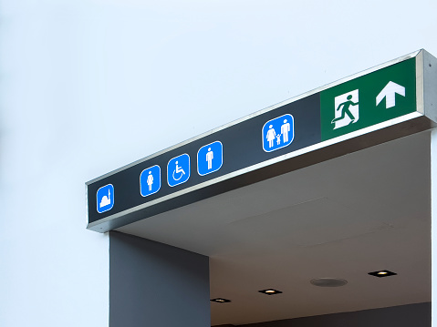 Blue WC, mosque  and green Exit Sign