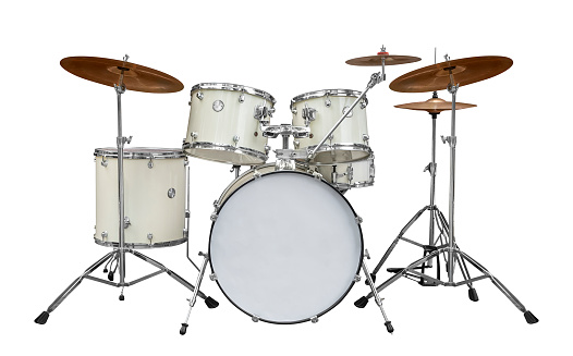 Drum kit with drums and cymbals. Isolated on white background