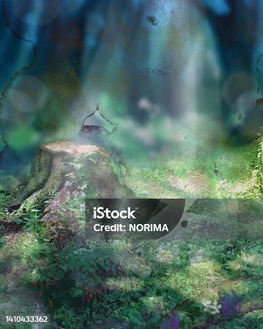 istock Retro photo style illustration of a western style garden, stumps, and a beautiful landscape with sunlight filtering through the trees on a summer day. 1410433362
