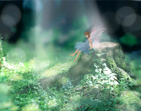 Beautiful landscape illustration with a fairy sitting on a stump in a western style garden with sunlight filtering through the trees on a summer's day．
